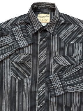 Wrangler Western Black Striped Men’s Pearl Snap Size L Retro Cowboy Rodeo
